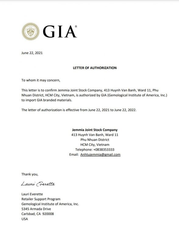 Thư từ viện ngọc học Hoa Kỳ GIA xác nhận Jemmia là nhà nhập khẩu, phân phối kim cương GIA chính hãng