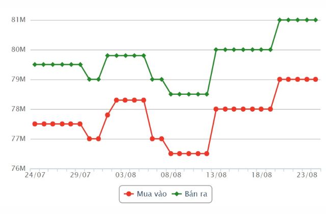Biến động của giá vàng SJC mua vào và bán ra trong tháng 08/2024
